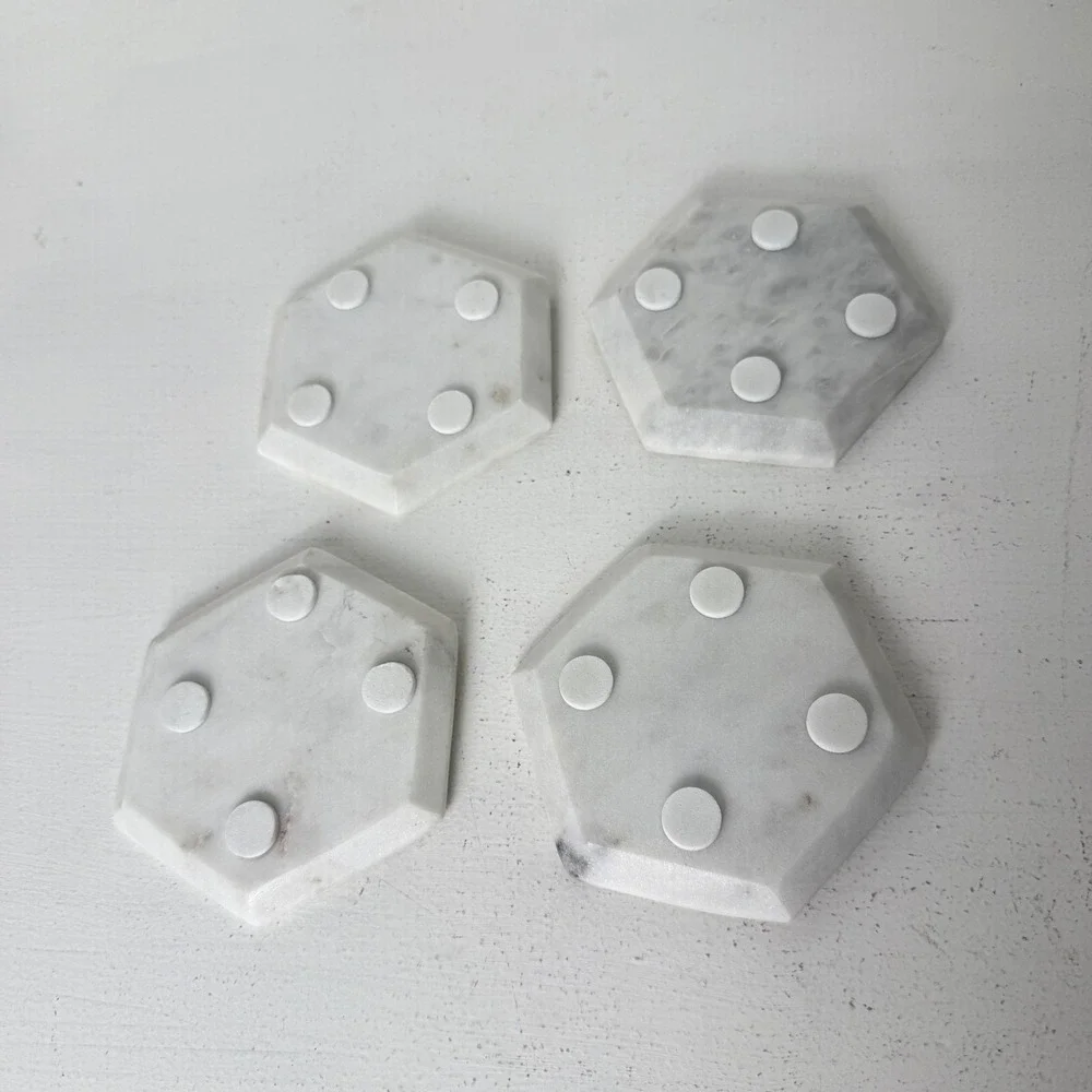 White Marble Hexagon Honeycomb Coasters with Gold Bumble Bee Accents Set of 4